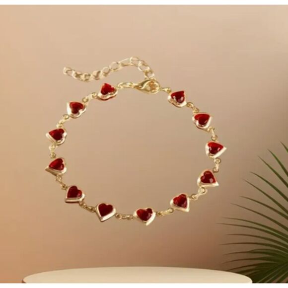 Gold Red Heart Resin Link Bracelet Adjustable Hearts - Picture 8 of 9